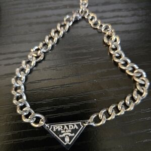 Prada Silver Chain Necklace with Black Logo